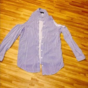 CUTE BLUE STRIPED BLOUSE+LITTLE SHOULDER DESIGN